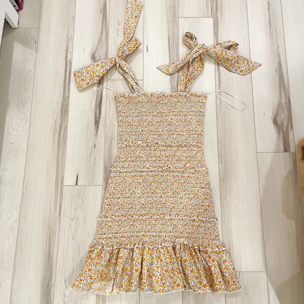 NEW Mable Floral Multi Color Bow Strap Tie Mini Smocked Dress